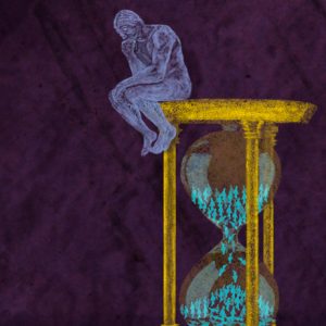 Illustration of man sitting on top of hourglass with people funneling out