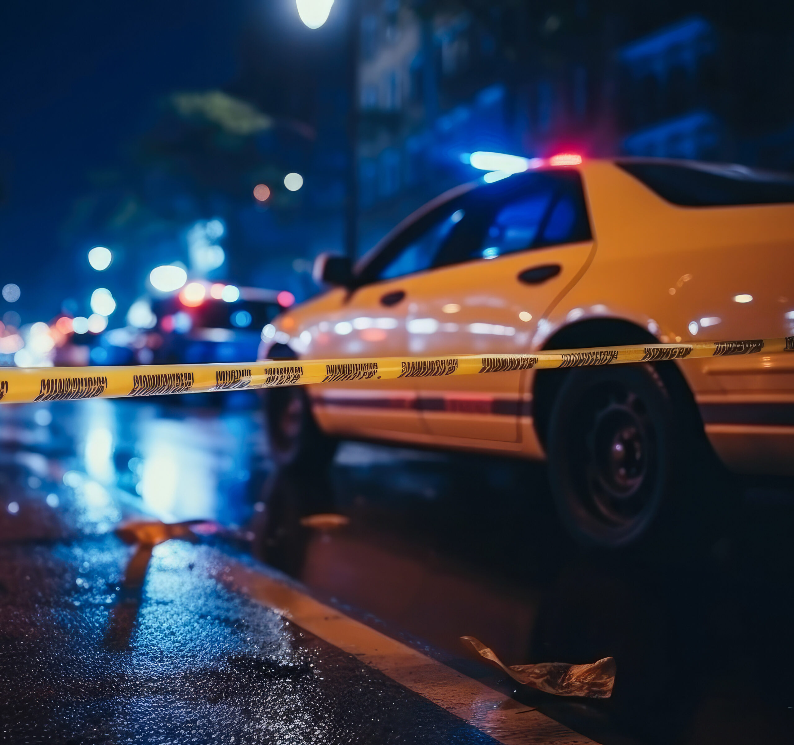 Yellow law enforcement tape isolating crime scene with blurred view of city street, toned in red and blue police car lights