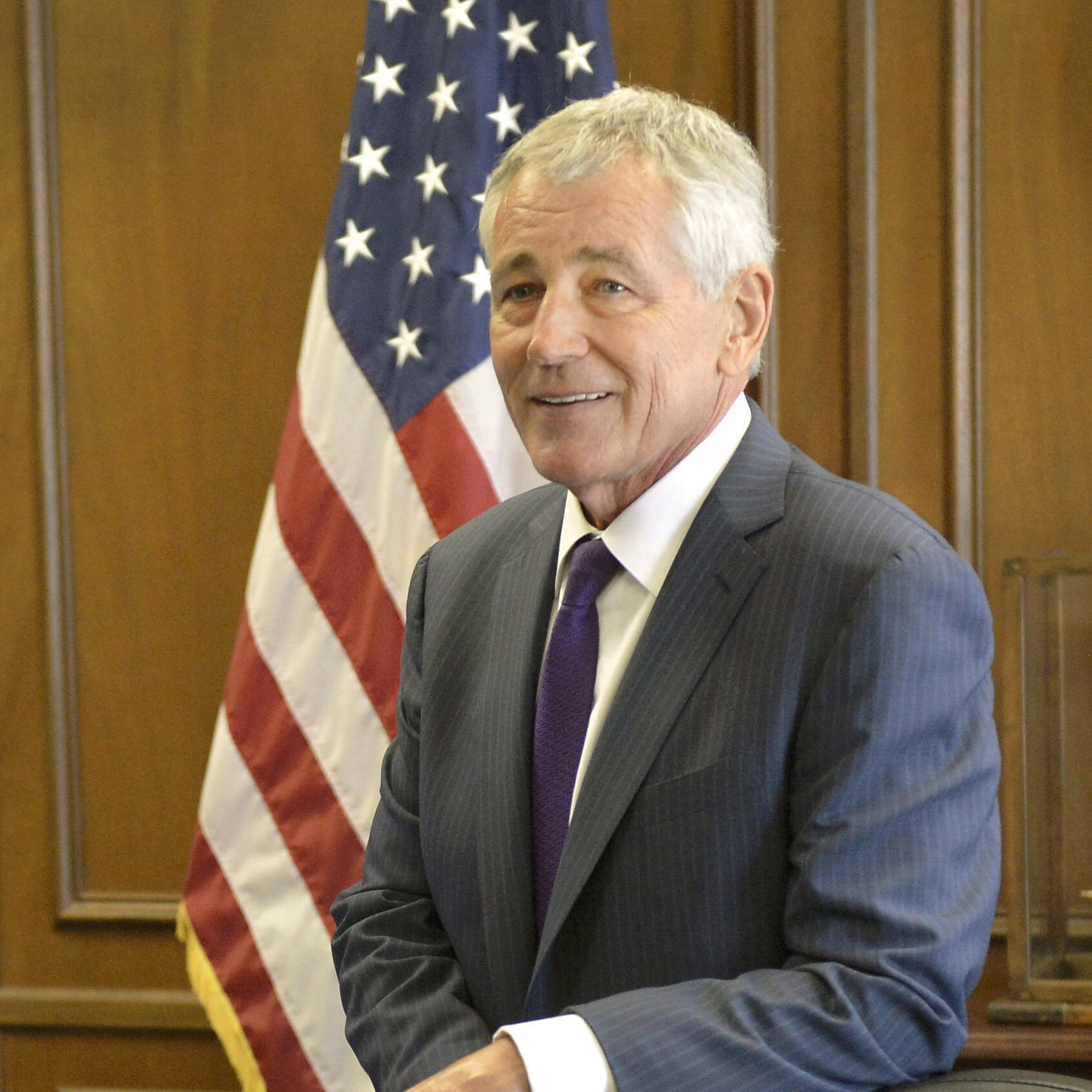 Secretary of Defense Chuck Hagel visits with Naval War College President Rear Admiral P. "Gardner" Howe in his office prior to participating in a moderated forum in the college's auditorium in Newport, RI, September 3, 2014. DoD Photo by Glenn Fawcett (Released)